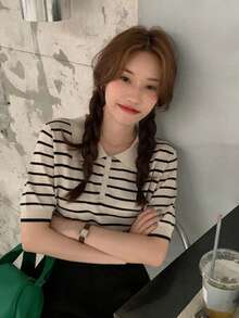 女士 Polo 领纽扣条纹百搭短袖上衣 - 杏色 - 查看 3