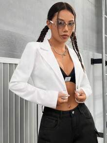 1件女士休闲通勤优雅拼接领纽扣短款开衫外套，春秋季白色 - 白色 - 查看 2