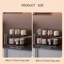 Estantería de almacenamiento de 2 niveles con base de madera - Organizador antideslizante y ahorra espacio, apto para espacios pequeños, multifuncional para cosméticos, especias, botellas y cestas, organizador de encimera de cocina, estantería decorativa, tono natural - Negro - Ver 4