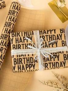 1 Roll Happy Birthday Gift Wrapping Paper - Vintage Striped Kraft Paper With Gold Glitter Accents, High-Quality DIY Party Decor For Weddings, Birthdays, Graduations, Thanksgiving, Birthday Parties, Holiday Gift Wrapping, Elegant Presentation, Craft Supplies For Holidays - Multicolor - View 3