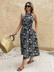 Rochie midi fără mâneci pentru femei, de vară, cu imprimeu floral alb cu imprimeu floral și spate gol, elegantă, pentru petrecere de vacanță - Alb-negru - Vizualizare 4