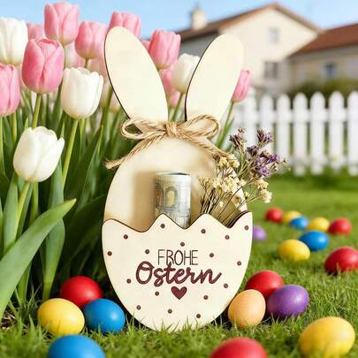 1件木制复活节装饰品，兔子造型，带口袋设计，可放置礼物，上面写着“Frohe Ostern”（复活节快乐），是复活节餐桌的理想中心装饰品，也适合办公室、教室、派对、室内或室外装饰和节日礼物。