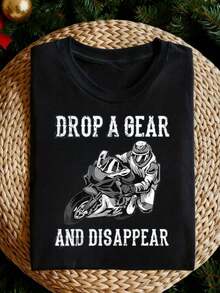 Fun Motorcycle Rider T-Shirt - "Downshift Disappear" Pattern Cotton Short Sleeve - Men's And Women's Heavy Duty Round Neck Top - Black - View 1