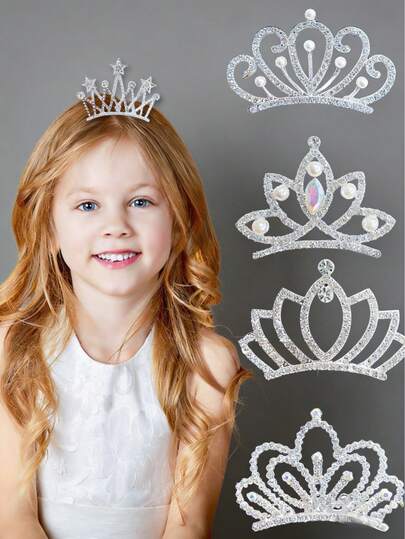 1 pieza Clip para el cabello con diseño de corona, diadema con corona para el cumpleaños de niños, peineta con diamantes incrustados en estilo coreano para niña princesa, accesorio para el cabello con corona para fotos de cumpleaños de bebé
