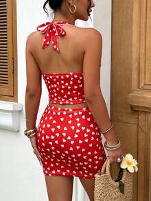 Valentine's Day Red Heart Print Two Pieces Set, Sexy Deep V Halter Crop Top & Mini Skirt For Date Night - Multicolor - View 3