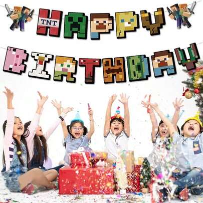 Theme Party Banners Decoration Pixel Wars Children's Birthday Flag Pulling Tablecloth Banner Cake Plaque Balloon Set Halloween