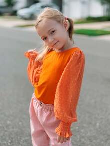 Girls Cute Crewneck Pullover Shirt - Long Sleeve Ruffle Cuffs Polka Dot Kids Top - Orange - View 3