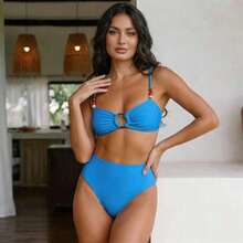 2pcs Solid Color Elegant Sexy Backless Beaded Bikini, Vacation Beach Wear, Summer - Blue - View 4