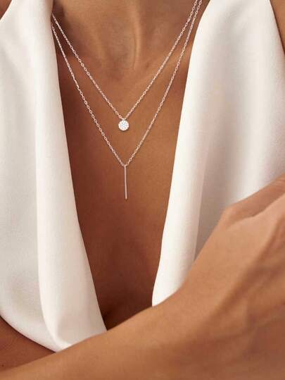 1pc S925 Sterling Silver Double Layer Round Pendant Necklace, Lightweight Luxury Everyday Wear Decorative Necklace For Women
