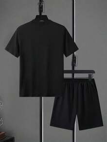 Men's Summer Regular Fit Short Sleeve T-Shirt & Shorts Set, Personalized Face Print Pattern, Fashion Casual Outdoor Men's Wear, Pocket Sport Elastic Waist Drawstring Pants, 2-Piece Set, Summer Outfit, Suitable As Gift For Husband, Boyfriend, Outdoor Activities, Holiday Wear - Black - View 3