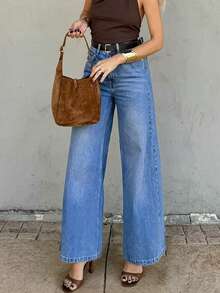 2026夏季Y2K风格度假休闲蓝色直筒牛仔裤，商务职业女士水洗宽松直筒牛仔裤，优雅复古直筒裤 - 中等水洗藍 - 查看 5