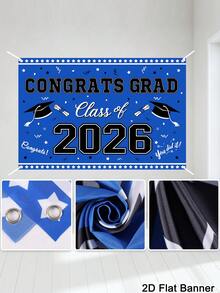 1pc Graduation Banner Background, Class Of 2026 Congrats Grad Pattern Backdrop, Blue White Background Cloth, Indoor Outdoor Wall Decor, Graduation Decorations 2026 High School College Party Supplies, Room Home Decor - Blue and White - View 4