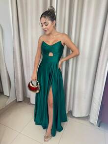 Women's Long Butterfly Dress, Strapless, Trilobal Fabric With Built-In Bra Cups | Party, Bridesmaid, Wedding, Graduation, Debutante | Adjustable Back, Sexy, Elegant, Party, Cutout/Cut, Asymmetrical Knot, Formal And Evening - 綠松石綠 - 查看 1