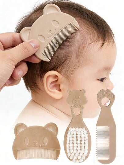 3pcs Baby Bear Shaped Comb Set, Includes Hair Brush, Bath Brush, Newborn Cradle Cap Brush, Cartoon Bear Grooming Kit