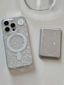 1pc Magnetic Adsorption Phone Case With Starry Glitter + Magnetic PU Leather Card Holder, TPU Shockproof Protective Cover Compatible With IPhone 11/12/13/14/15/16/17/Pro Max - Clear - View 2