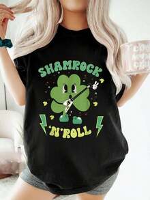 St. Patrick's Day Shamrock N' Roll Playing Guitars St Patrick's Day Irish T-Shirt Summer Tops, Short Sleeve Round Neck Casual Top For Summer & Spring - 黑色 - 查看 1