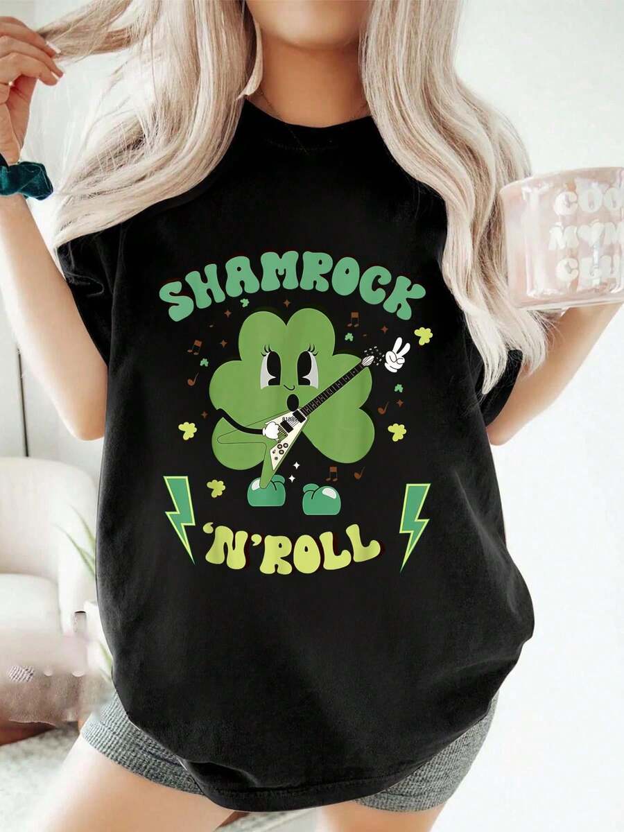St. Patrick's Day Shamrock N' Roll Playing Guitars St Patrick's Day Irish T-Shirt Summer Tops, Short Sleeve Round Neck Casual Top For Summer & Spring - 黑色 - 查看 1