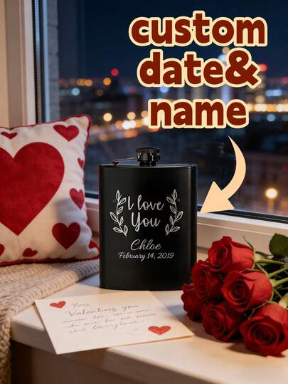 1pc Custom Valentine's Day Metal Hip Flask With Personalized Text, Custom Text For A Stylish And Practical Romantic Gift