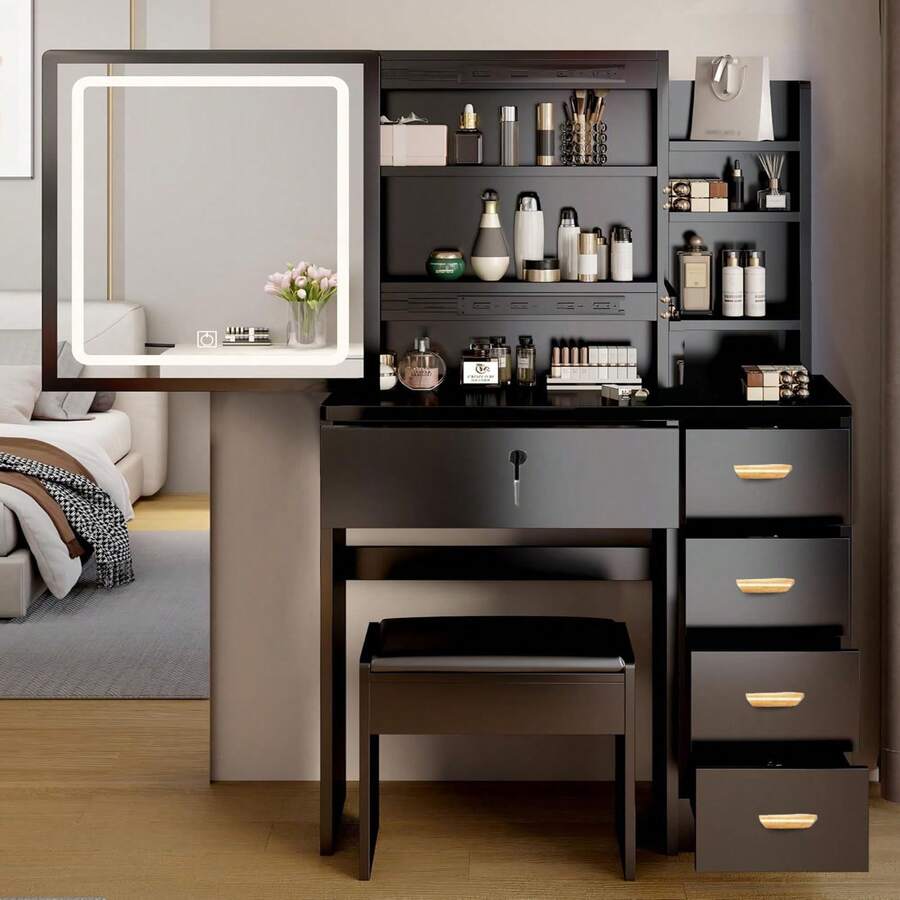 Tocador con Espejo y Luces LED, Vanity de Maquillaje con 3 Modos de Iluminación Ajustable, Incluye taburete Diseño Moderno con 5 Cajóns - Negro-Derecha - Ver 1