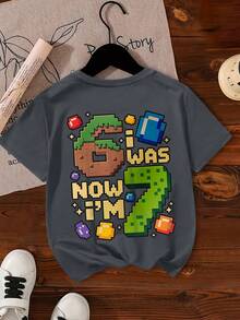 New Spring/Summer Boys Cute Game Style "67" Graphic Round Neck Short Sleeve T-Shirt, Children Printed Tee - Grey - View 2