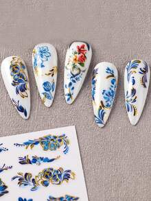 FULL BEAUTY 2片装蓝色烫金花朵蕾丝美甲贴纸复古线条曲线绘画谷百合花卉皇家奢华风格优雅春夏滑动装饰美甲用品美甲 - 彩色 - 查看 2