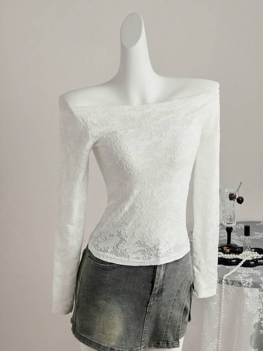 New Spring/Summer Off-Shoulder Fitted Women T-Shirt, Long Sleeve Women Tops, Summer Women Clothing - White - View 1