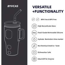 Black 32-Ounce Glass Tumbler With Removable Lid And Straw, Handled Water Bottle Featuring Time Markers And Protective Sleeve, Designed To Fit Most Cup Holders - Black - View 3