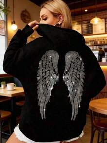 Women's Oversized Wings Print Hoodie - Black Y2K Back Graphic Pullover, Fall Winter Streetwear Long Sleeve Hooded Top, Loose Fit Casual Daily Wear, Retro Aesthetic Statement Pattern Hooded Sweatshirt Adults, Comfy Oversized Silhouette2026Unisex Casual-Shirts - 黑色 - 查看 3