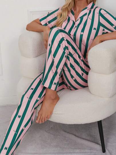 女士轻便休闲浪漫条纹撞色翻领短袖长裤睡衣套装