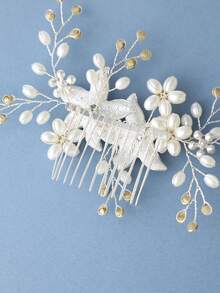 1pc Rhinestone Flower & Faux Pearl Elegant Hair Comb, Bridal Wedding Headpiece, Valentine's Day Gift - Silver - View 7
