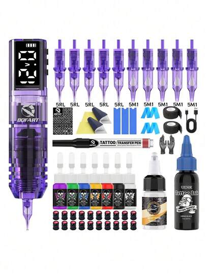DQFART Complete Wireless Tattoo Kit, Includes 1600mAh Power Supply, Digital Display, All-In-One Tattoo Machine Set With Tattoo Needles, Ink, Transfer Paper, Stencils And Accessories, Suitable For Beginners