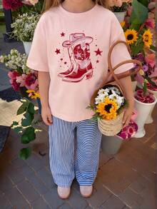1件女童休闲星形牛仔印花圆领短袖T恤，夏季学生青少年服装 - 粉色 - 查看 2