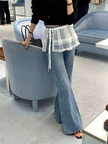 蕾丝边半身裙，女士春夏新款，可搭配半身裙/裤子叠穿，时尚系带白色蕾丝边半身裙 - 白色 - 查看 3