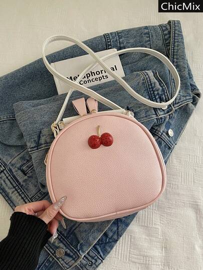 Mini Contrasting Personalized Cherry Decorated Sweet Style Handbag, Elegant And Versatile Double Zipper Round Women's Crossbody Bag, Suitable For Shopping, Wallets, Shopping, Young Women, College Students, Newcomers, And White-Collar Workers. They Are Very Suitable For Offices, Universities, Work, Business, Commuting, Outdoor Activities, Travel, And Outings