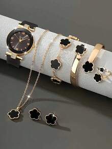7件套多功能黑色星空石英数字手表套装，搭配幸运花项链、手链、戒指、耳环和珠宝配饰，是情人节和复活节送给女性的理想礼物。 - 黑色 - 查看 10