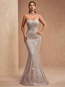 AMILUCK New Luxury High-End Sequin, Sequins, Lace Strapless Sexy Dignified Elegant Backless Mermaid Tail Dress, Formal Evening Gown For Wedding Party Guest Spring - 杏色 - 查看 4