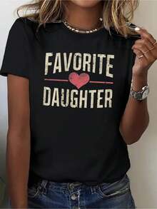 Women T-Shirt Women T-Shirt-Loose Leisure Sports Top With Heart-Shaped Pattern Of Favorite Daughter 180GM2 Breathable Fabric Machine Washable Spring Summer Autumn Essential Summer Short Sleeved Top - 黑色2 - 查看 1
