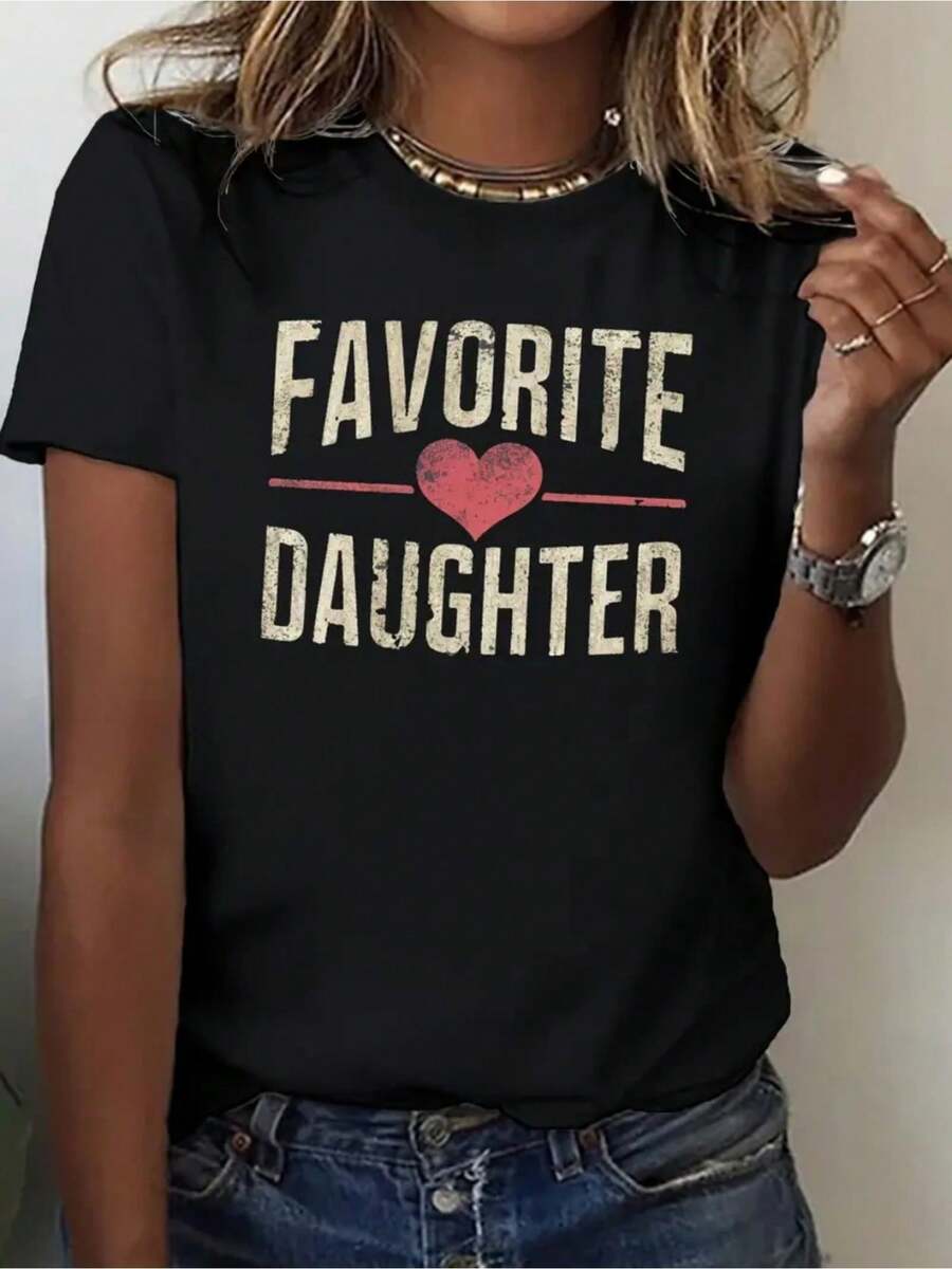Women T-Shirt Women T-Shirt-Loose Leisure Sports Top With Heart-Shaped Pattern Of Favorite Daughter 180GM2 Breathable Fabric Machine Washable Spring Summer Autumn Essential Summer Short Sleeved Top - 黑色2 - 查看 1