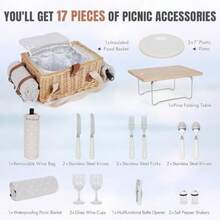 Dgsdhsdg HappyPicnic Picnic Basket For 2 Handmade Wicker Picnic Set With Folding Table And Waterproof Blanket Large Insulated Picnic Basket With Wine Bag And Cutlery Kit For Picnic Camping Holidays Flower - White Flower - View 3