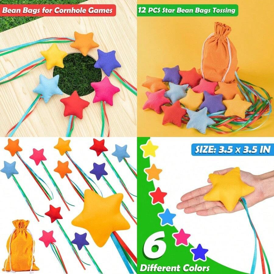 12PCS Star Bean Bags Toss For Nylon Cornhole Bean Bags For Tossing With 1 Carry Bag Colorful Bean Bag With Ribbons For Cornhole Toss Game Set Party Carnival Game Outdoor Toy SuppliesChildren's Growth Games, Fun And Joyful, Essential For Childhood - 12pcsStarBeanBags - View 1