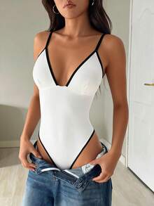 GAOVOT 女士性感V领露脐吊带连体衣，修身款，夏季 - 白色 - 查看 5