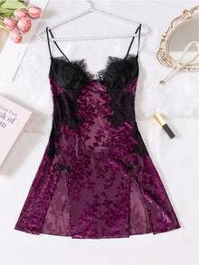3D Embroidered Velvet Sexy Lingerie Camisole Nightgown - Purple - View 8