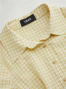 Women Short Sleeve Plaid Button Up Shirt Y2K Button Down Collared Blouse Summer Vintage Slim Fit Gingham Top - Yellow - View 9