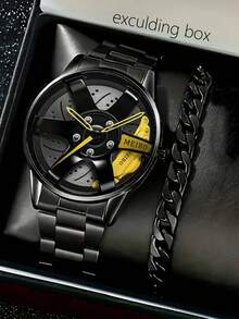 Men's Fashion Business Style Quartz Watch And Bracelet Combo Set – Shock-Resistant Alloy Case With Round Analog Display, Non- Wristwatch - Yellow - View 6
