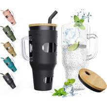 Black 32-Ounce Glass Tumbler With Removable Lid And Straw, Handled Water Bottle Featuring Time Markers And Protective Sleeve, Designed To Fit Most Cup Holders - Black - View 2