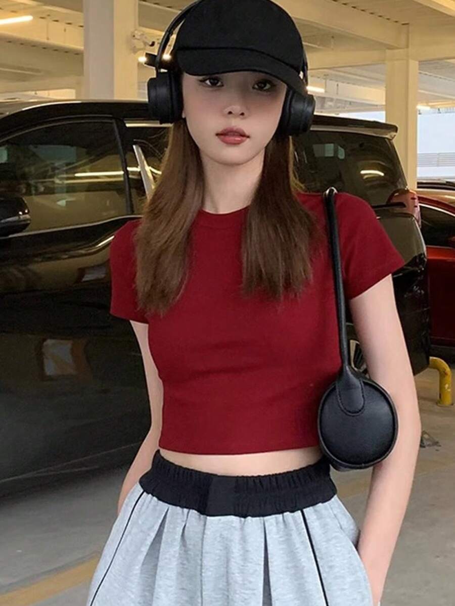 Women's Basic Versatile Red Minimalist Street Style Casual Commute Personalized Y2K Fitted Crew Neck Short Sleeve T-Shirt Top, Spring/Summer - Red - View 1