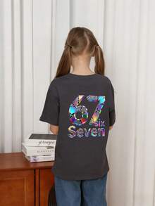 Young Girl Casual Graphic Print Crew Neck Short Sleeve T-Shirt, Summer Top - Dark Grey - View 2