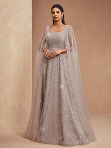 Đầm dạ hội cao cấp AMILUCK mới về dành cho nữ, kiểu dáng chữ A dài chấm đất, cổ vuông, tay bồng bằng vải lưới, đính sequin và ren, thích hợp cho tiệc cưới, dạ hội mùa xuân. - Màu be - Xem 8