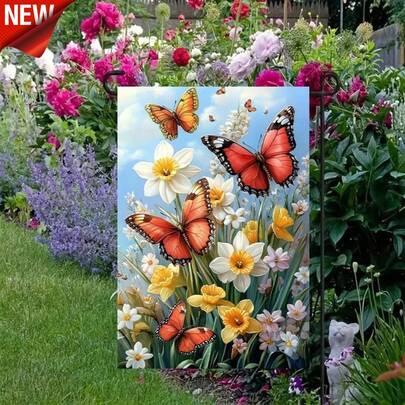 Heavy Duty Weather Resistant Garden Flag Double Sided 12x18 Inch Outdoor Burlap Banner, Butterfly Floral Botanical Flowers Vintage Farmhouse Rustic Spring Summer Yard Lawn Porch Decoration For Front Door Welcome - Natural Jute Fabric Seasonal Home Decor Garden Flag For Outside Backyard Patio, Flag Pole Not Included