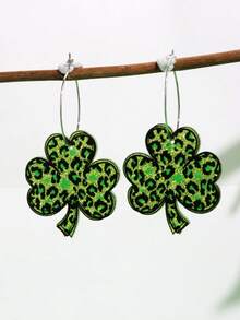 1 Pair Unique Stylish Acrylic Clover Leopard Print Earrings, Cute Suitable For Women To Wear On St. Patrick's Day - Multicolor - View 4
